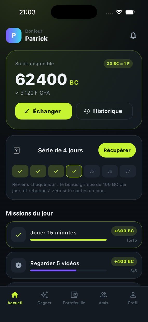 Écran d’accueil de Blinko avec le solde en Blinko